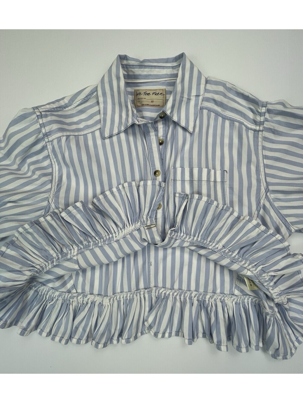 Free People We The Free Bailey Stripe Shirt Blue Cropped Ruffle Blouse XS - Picture 5 of 8